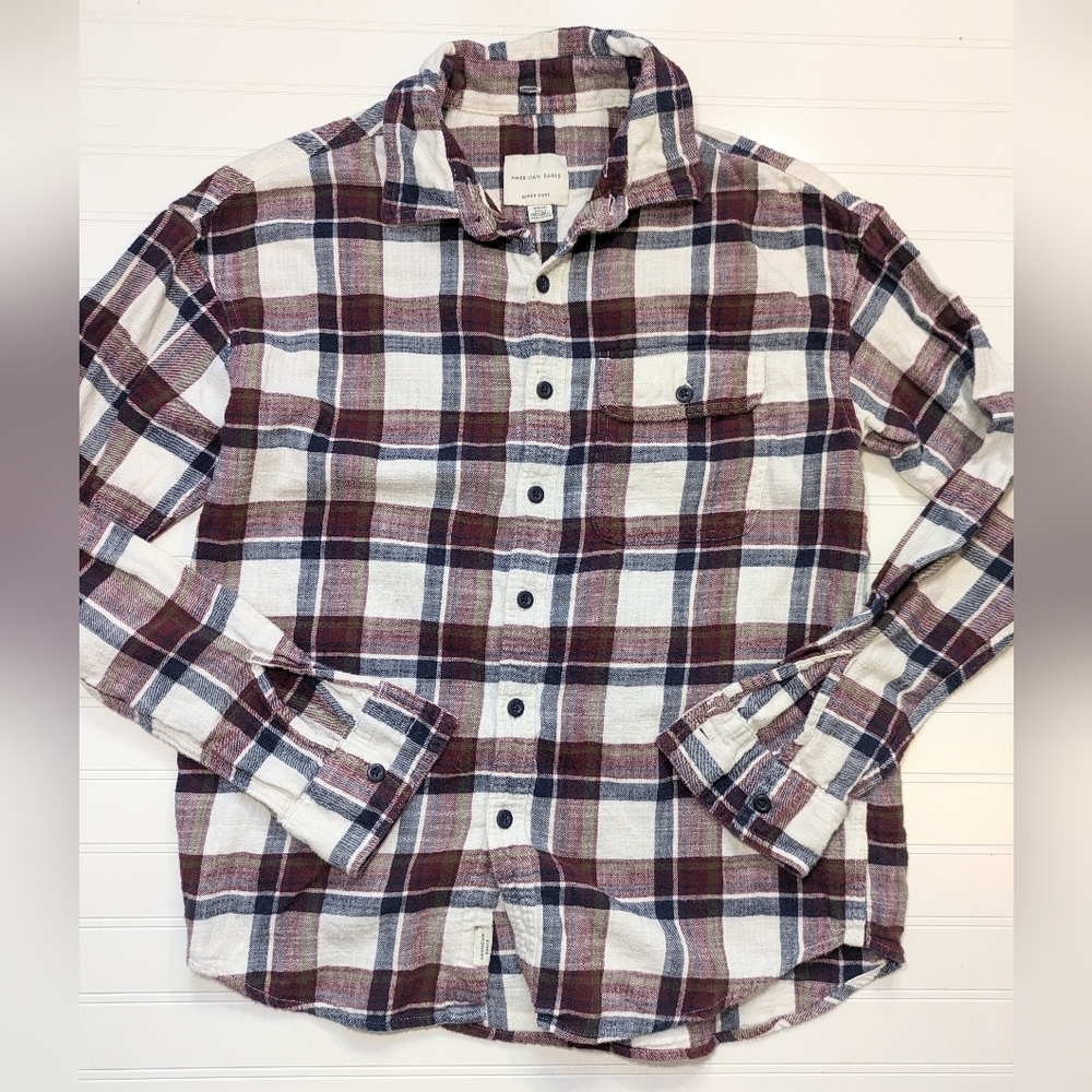 AEO Burgundy/Navy Plaid Flannel Burton Down Shirt